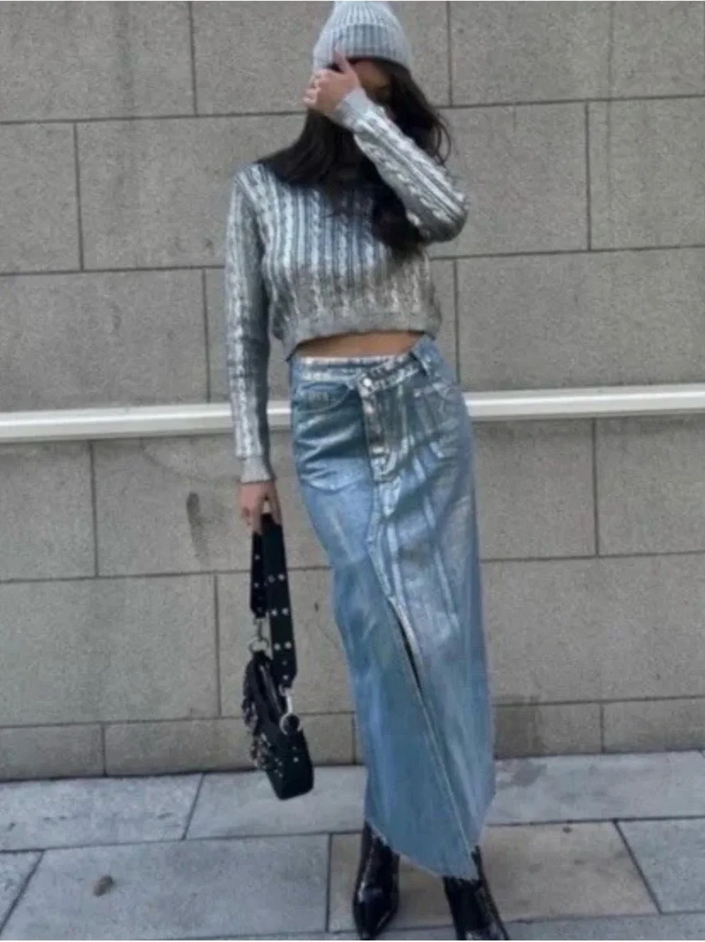Zara 6045/017 Light Blue Denim Metallic Maxi Skirt with Front Slit